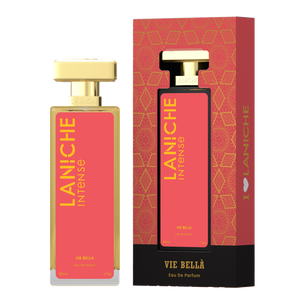 Laniche Parfum Vie Bella 50ml eau de parfum, coral red and gold bottle beside its matching patterned box.