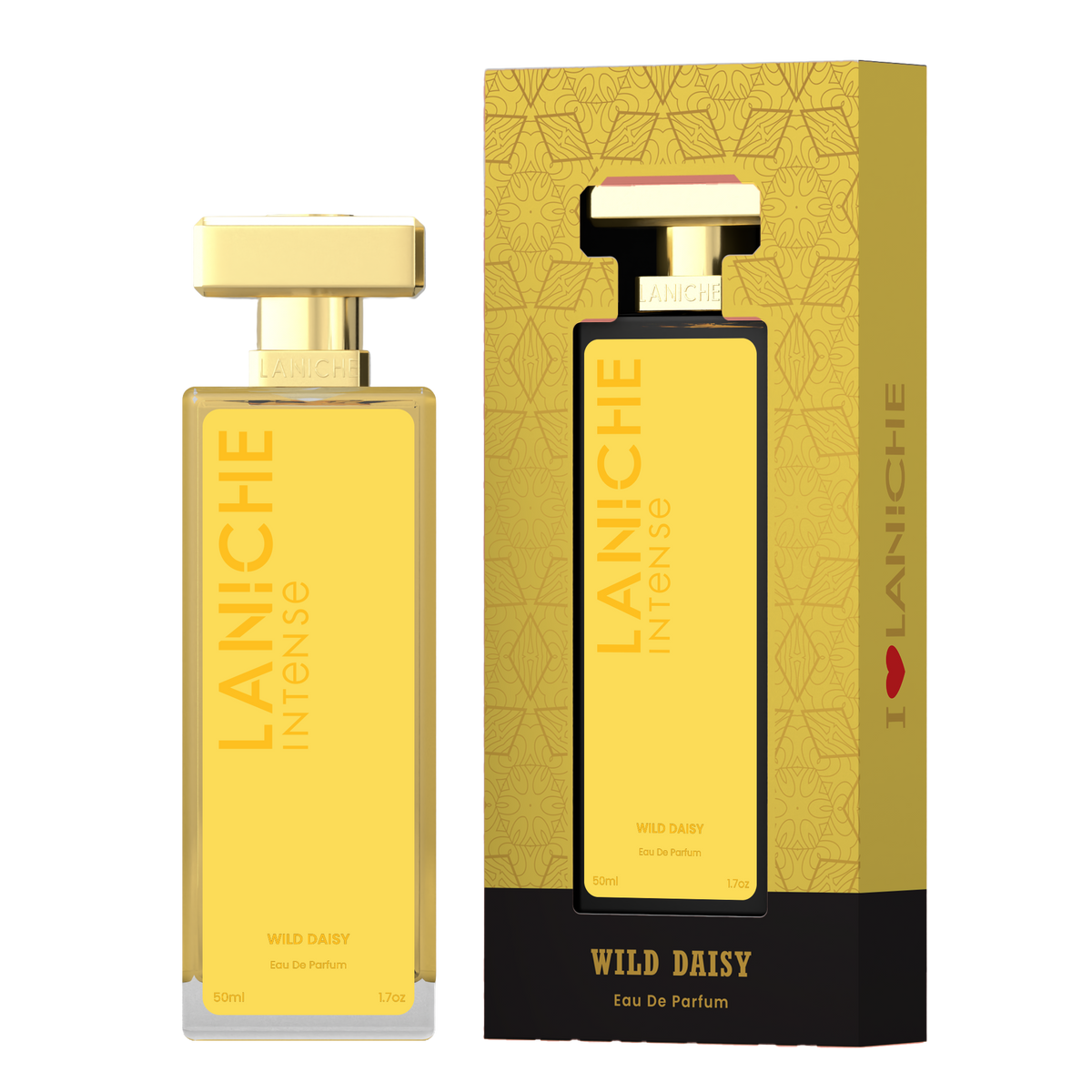 Laniche Parfum Wild Daisy 50ml eau de parfum, yellow and gold bottle beside its matching patterned box.