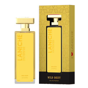Laniche Parfum Wild Daisy 50ml eau de parfum, yellow and gold bottle beside its matching patterned box.