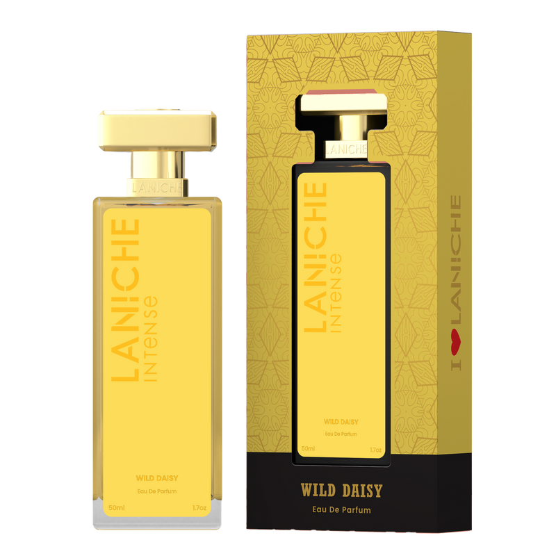 Laniche Parfum Wild Daisy 50ml eau de parfum, yellow and gold bottle beside its matching patterned box.